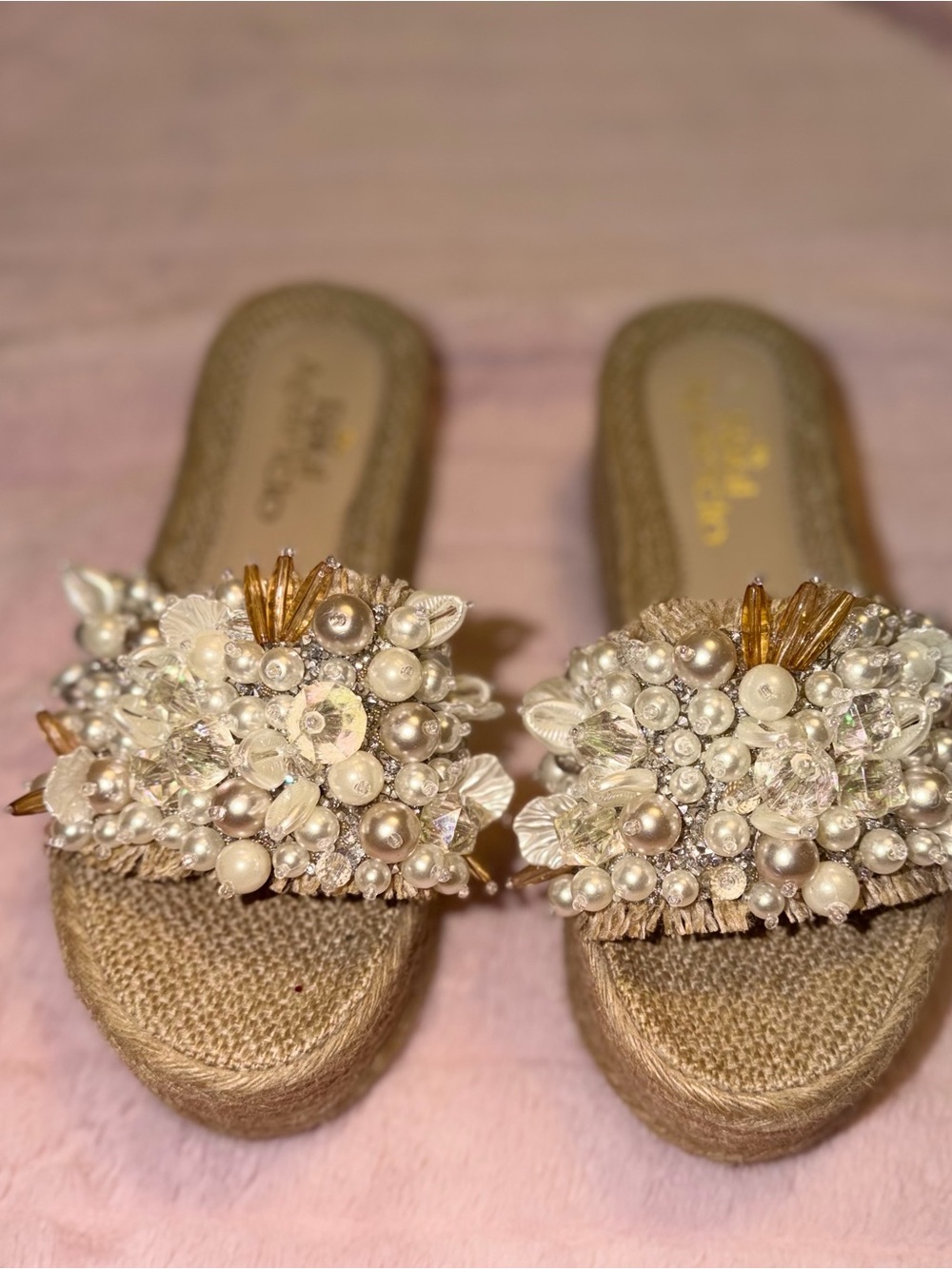 By Raul Aparicio Pearl Beaded Espadrille Platform Beach Sandals EU 37 / US 6.5-7